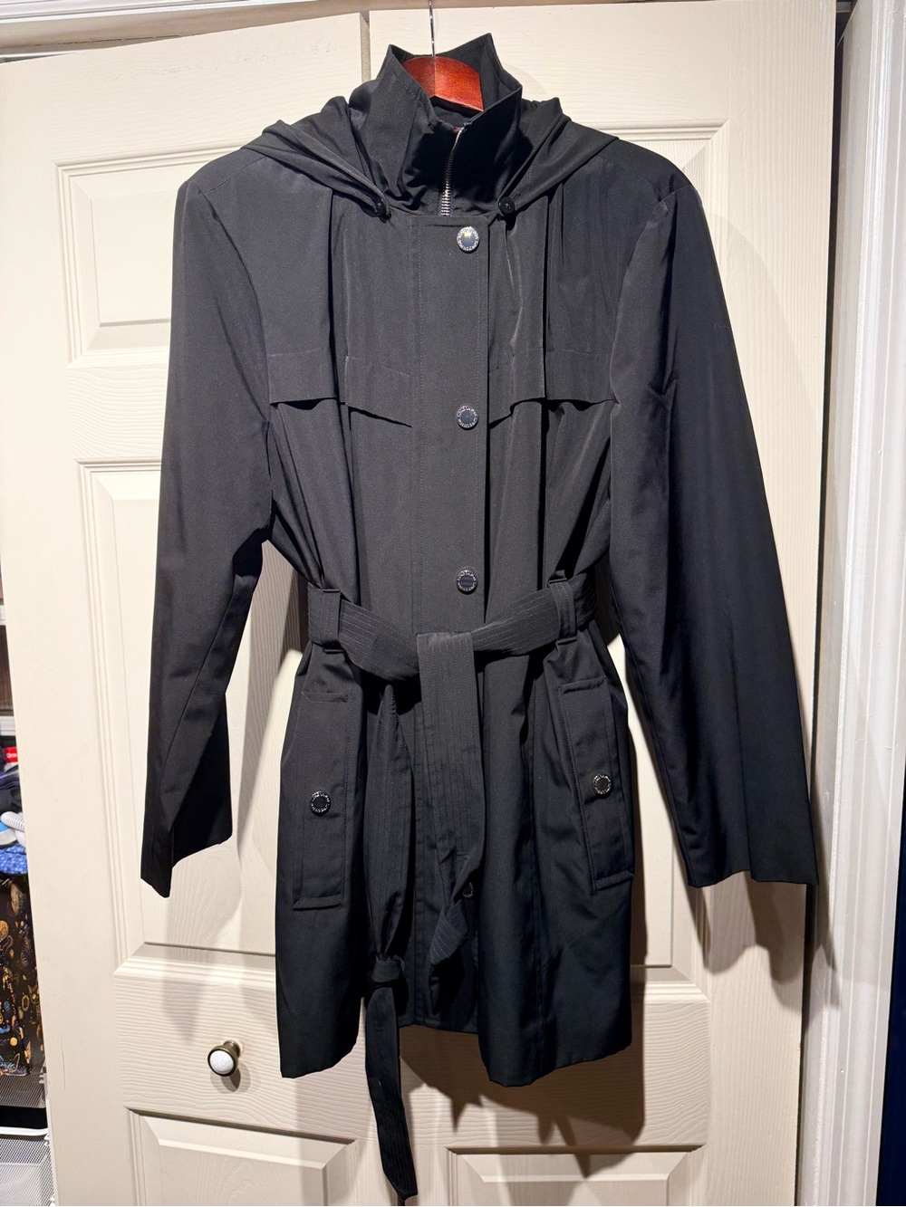 London Fog XXL Classic Black Hooded Belted Raincoat Trench Red Quilted Lining - Picture 5 of 11